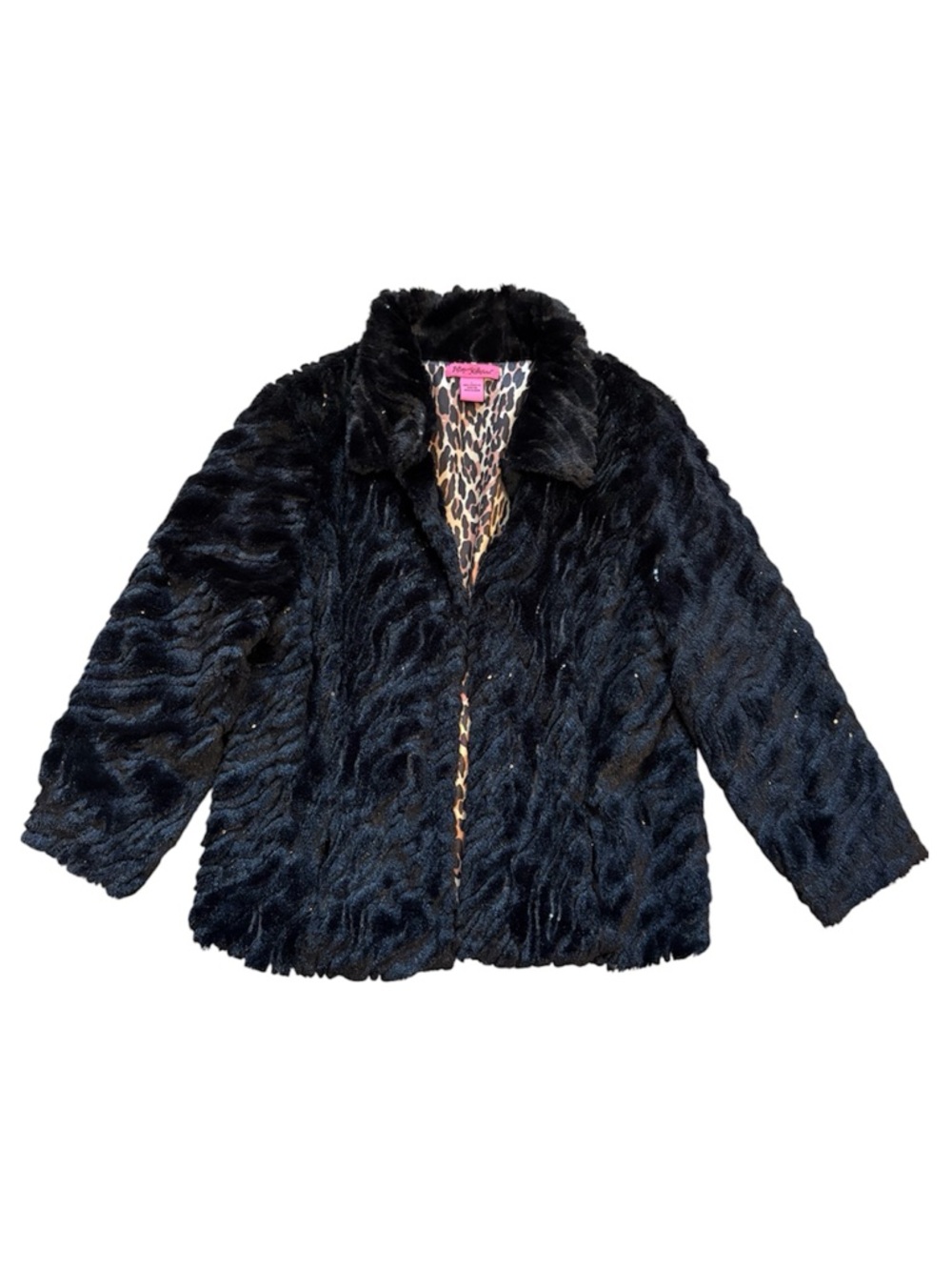 Betsey Johnson Black Textured Faux Fur Coat W/Leopard Print Lining Size Large